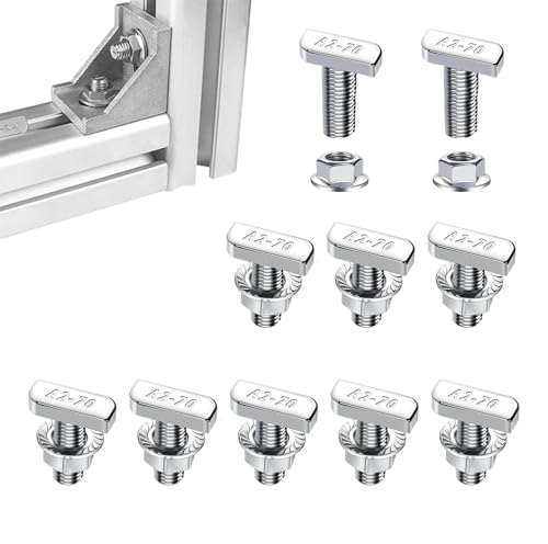 10 Pack T Slot Bolt Set, M8x20mm T Shape Smooth Sliding Screw with Hexagon Flange Nuts for Automotive Roof Rack Track System Workbench Maintenance Installation