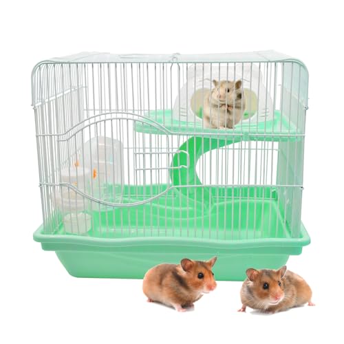 Image of 2-Tier Portable Hamster Cage and Habitats,Travel Metal Mouse Cages with Free Water Bottle,Houses and Exercise Wheel for Any Breed of Hamster and Small Animal (14.6x11.0x11.8inch Green)