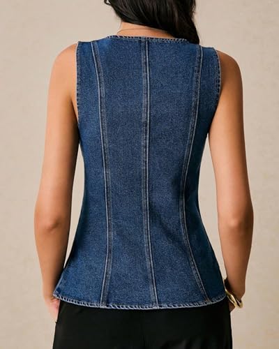 Women's Metal Button Front Denim Tank Top Sleeveless Square Neck Slim Fit Jean Vest2