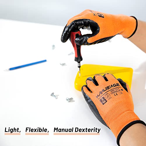 Manusage Safety Work Gloves, Nylon Seamless Knit Glove With Nitrile Palm Coated Smooth Grip, Knit Wrist Cuff (Size L, Orange, 12-Pairs) #TOP3