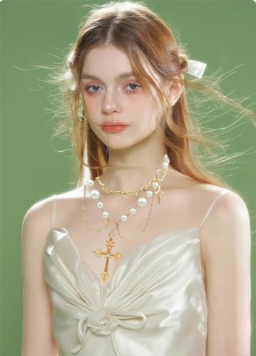 Gold Pearl Cross Necklaces for Women GothicPearl Cross Pendant Necklace Vintage AdjustableChunky Cross Necklace Layered Tassels Choker Necklace Halloween Prom Jewelry Gift2