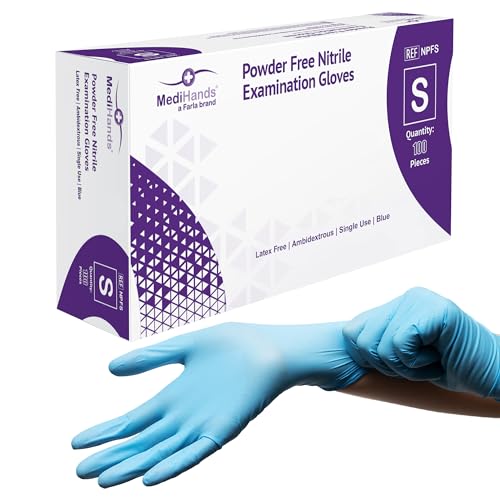 MediHands Nitrile Gloves Small, Blue Heavy Duty Disposable Glove and Surgical Gloves, Powder Free and Latex Free, Medical, Food, Multi Use, Pack of 100