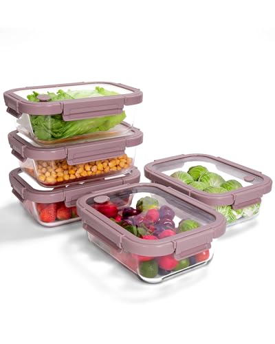 BOROHOUSE 5-Pack Borosilicate Glass Containers with Tempered Lids, 35.2oz/4.4 Cup Airtight Meal Prep Set, Microwave/Freezer Safe (Pink)