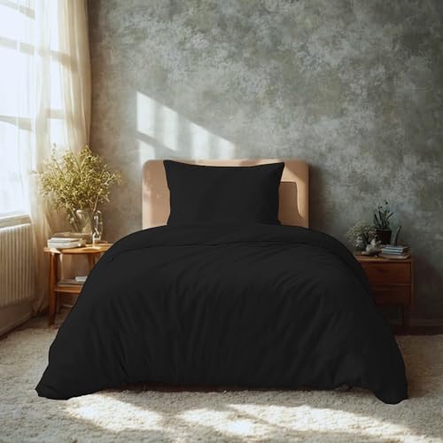 Komfortec Literie Super Douce Premium Housse de Couette 135x200 cm 2 Parties + taie d'oreiller 80x80 cm, 100% Microfibre brossée, Noir