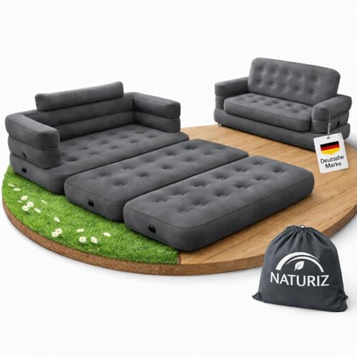 Naturiz® Pull Out Sofa 165x220cm - Camping Sofa mit Bettfunktion - Gästebett 2 Personen - Aufblasbares Sofa mit Tragetasche - kleines Mini Sofa, Mini Couch, Luftsofa (Grau, ohne Pumpe)