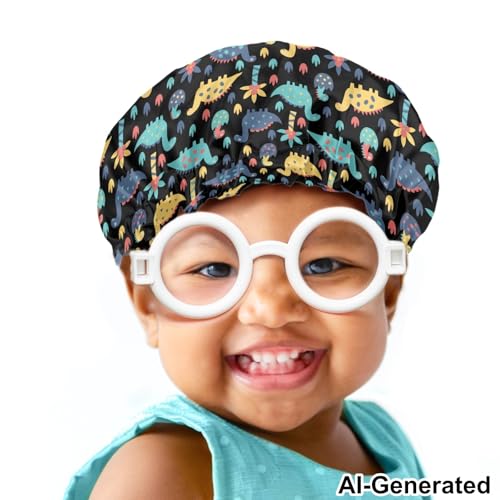 Image of Cute Dinosaur Fashion Print Kids Satin Sleep Cap, Boys Girls Slouchy Sleeping Hat Beanie Slap Hat for Toddler Children Baby Adjustable Elastic Band Hair Cover Curly Hair Cap