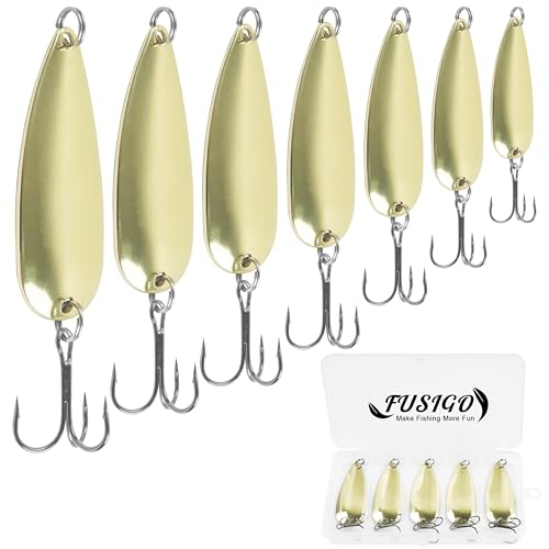 Fishing Spoons Fishing Lures Kit, 5pcs Gold Metal Jigging Casting Lure Trolling Spoon with with Treble Hooks for Trout Salmon Bass Walleye Trout 28g
