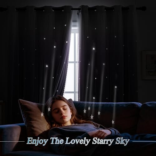 Image of indistar Dreamy Star Cutout Blackout Curtains with White Sheer,Double Layer Curtains for Girls Bedroom, Hollow Out Drapes for Nursery (2 Panel,52Wx63L,Dark Purple)