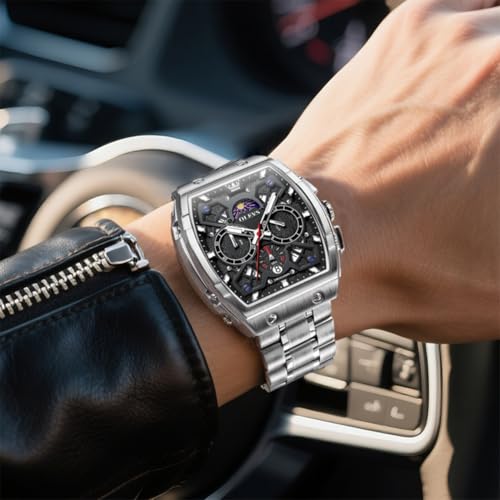 Image of OLEVS Men Watches Business Dress Chronograph Big Square Quartz Analog Male Watch Silicone Strap Waterproof Date Gift Mens Wrsit Watch Silver