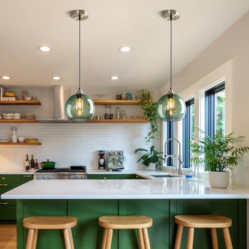 Image of Gray Green Glass Pendant Lights Kitchen Island Lighting Globe Pendant Light Fixtures Modern Pendant Lighting for Kitchen Island Bedroom Living Dining Room Light Fixture(7.87in, 3-Pack)