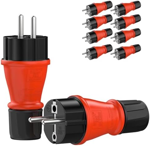 RedStar24 Schuko Stecker 230V IP54 10er Set Robuster Schutzkontaktstecker | Perfekt für den Außenbereich | Hermetisch Versiegelt | Gummi & Kunststoff, Schwarz Rot | 3-Poliger Strom