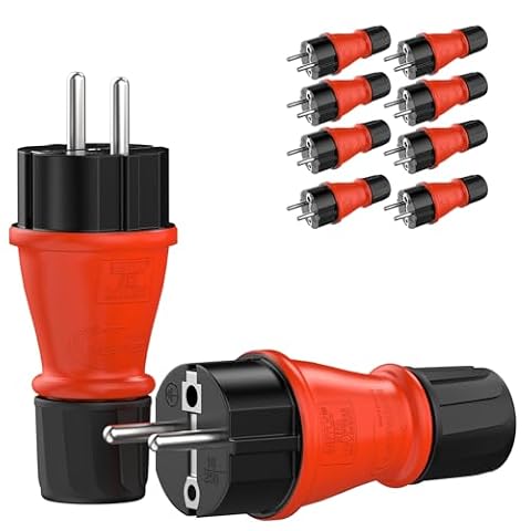 RedStar24 Wtyczka Schuko 230 V IP54 zestaw 10 wytrzymałych wtyczek z zestykiem ochronnym z gumy i tworzywa sztucznego, czarno-czerwona, hermetycznie uszczelniona konstrukcja, idealna do użytku na