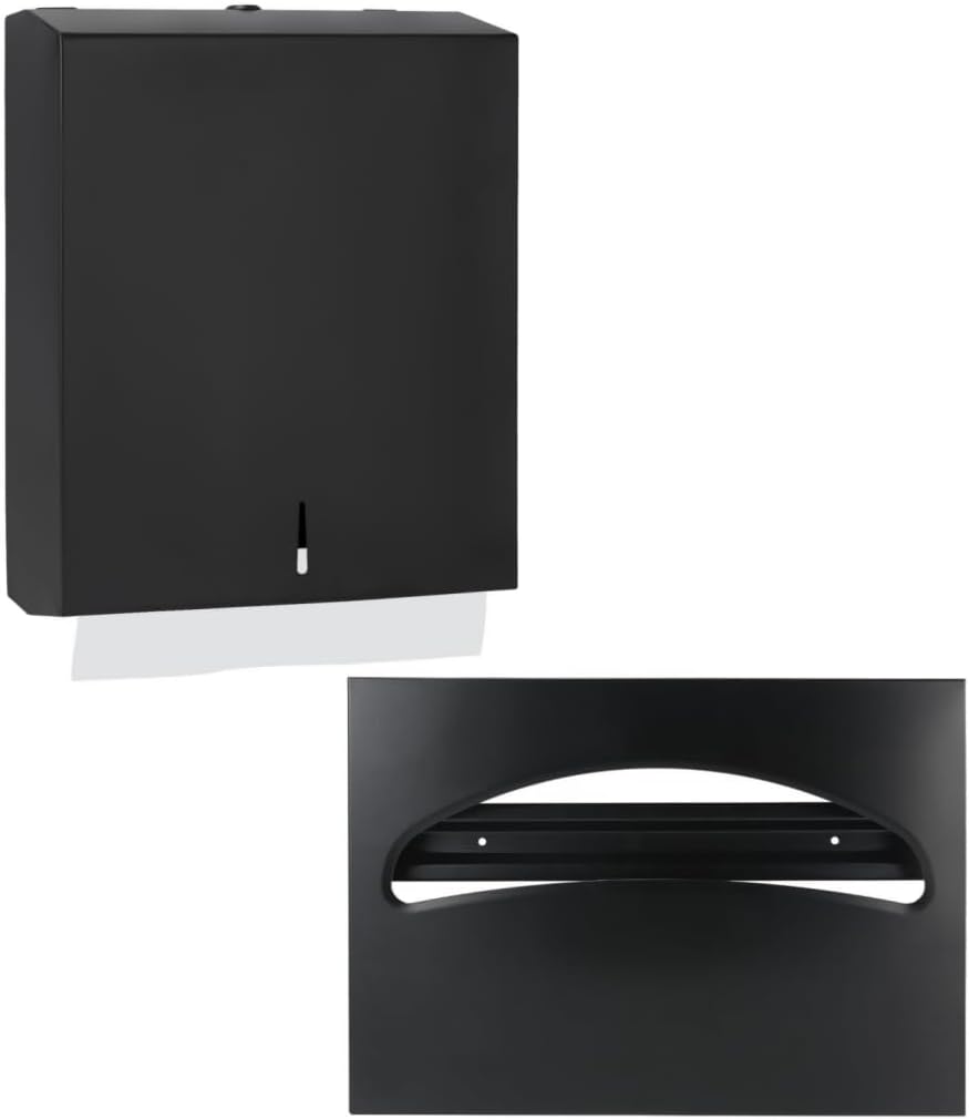 Matte Black Wall Mounted 400 C Fold/525 Multifold Towels Capacity Paper Towel Dispenser & Stainless Steel Toilet Seat Cover Dispenser Bundle