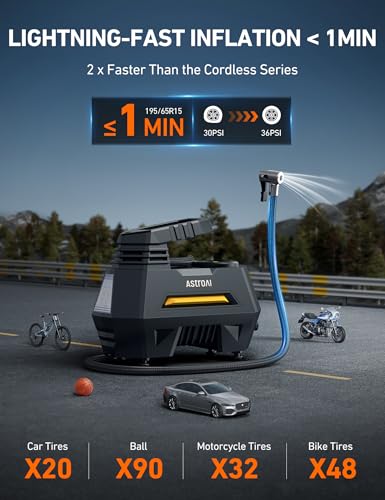 Image of AstroAI AIRUN H1 Tire Inflator Portable Air Compressor,Fast Inflation Electric Air Pump for Car Tires-Car Accessory,9.8Ft Cord-12VDC-Powered Auto Shut-Off with Digital Pressure Gauge,LED Light,Yellow