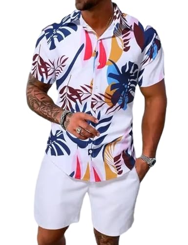 Image of Yimoon Men's Summer 2 Piece Outfits Tropical Print Short Sleeve Button Down Hawaiian Beach Shirt and Shorts Set