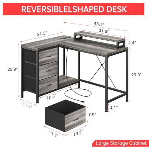 Image of Hetoy L-Shaped Computer Desk with Charging Station - Corner Gaming Desk with LED Lights, Drawers & Storage Shelves for Home Office Use, Oak