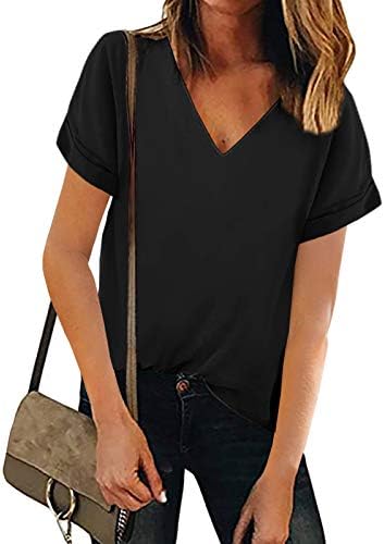 Lynwitkui Women V Neck Chiffon Blouse Short Sleeve Summer Casual Loose Shirt Tops Black