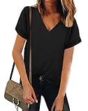 Lynwitkui Women V Neck Chiffon Blouse Short Sleeve Summer Casual Loose Shirt Tops Black