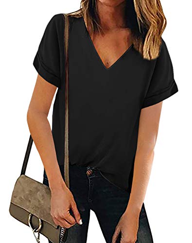 Lynwitkui Women V Neck Chiffon Blouse Short Sleeve Summer Casual Loose Shirt Tops Black #TOP3