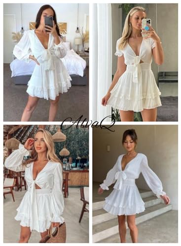 AlvaQ Womens Dresses Spring Summer Knot Front V Neck Ruffles Long Sleeve Floral Print Swing Mini Dress4