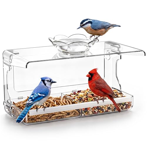 WENMIXER Window Bird Feeder with Non-Marking Self-Adhesive Hooks, Clear and Transparent, Outdoor Wild Bird Watching Gift, Garden Decor (Standard)