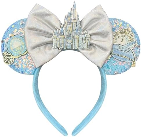 Hairband for Women Adult Blue Sequin Mouse Ears Headband with Castle Bows for Park Ears