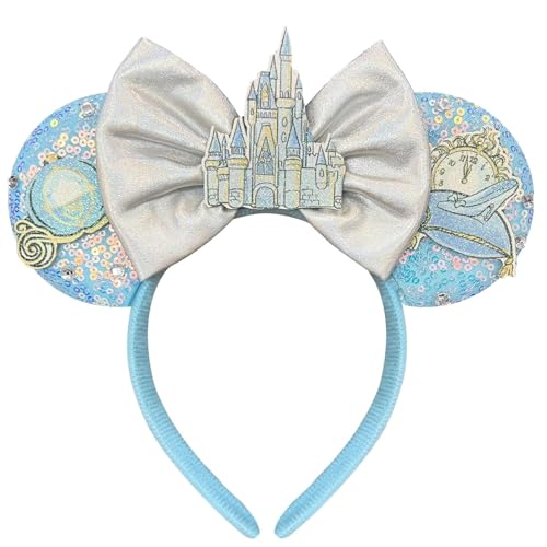 Bolonar Hairband for Women Adult Blue Sequin Mouse Ears Headband with Castle Bows for Park Ears