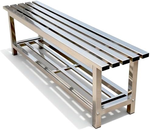 Heavy Duty Stainless Steel Outdoor Bench with Storage Shelf, 660 lbs Load Capacity, Commercial Grade Metal Seating for Garden, Patio, or Park Use