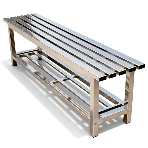 Banco de acero inoxidable 304 resistente para exteriores con estante de almacenamiento, capacidad de 660 libras, banco de metal para gimnasios, garajes y parques, asiento comercial duradero (180 cm)