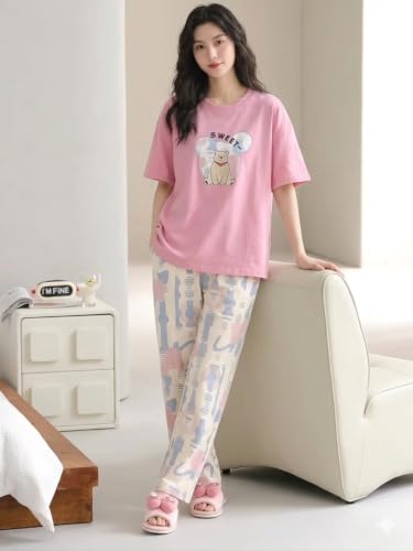 Image of Women's Korean Style Looper Fabric Nightsuit Set | Cute Print Half Sleeve T-Shirt & Pajama Set | Soft Comfortable Nightwear & Loungewear for Women
