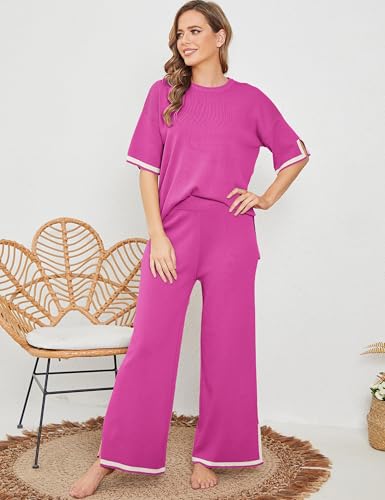 Image of Tanming Sweater Sets Women 2 Piece Lounge Sets Short Sleeve Knit Pullover Tops Wide Leg Pants