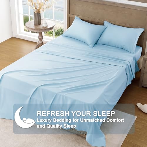 Image of FreshCulture California King Sheet Sets - Brushed Microfiber - Deep Pockets - Easy Care - Cooling & Breathable Bed Sheets - 4 Pieces Hotel Luxury Cal King Sheets (Light Blue)