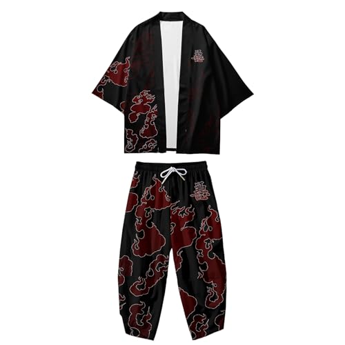 Image of DOSLAVIDA Men's Japanese Kimono Cardigan Suit Chinese Style Printed Jacket Pants Set Open Front Seven Sleeve Top & Shorts