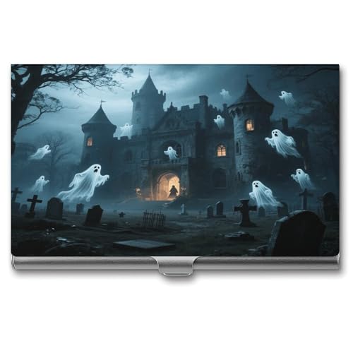 VstaDank Ghost Castle Business Card Holder Fashion Aluminum Alloy Flip Cover Credit Card Holder High End Professional Name Cards Case Exquisite Pocket Metal Cards Holder for Work