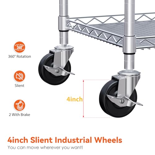 WDT 990Lbs Capacity Heavy Duty Rolling Utility Cart, NSF Rolling Carts with Wheels,Commercial Grade Metal Cart with Handle Bar & Shelf Liner,Trolley Serving Cart for Kitchen,Restaurant,Silver