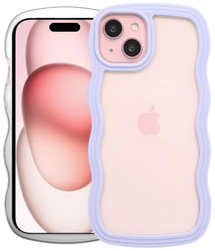 Image of GoldKart iPhone 15 Plus Case Wavy Edge Clear Back Design, Anti-Slip Grip Cute Wave Curly Frame Shape Shockproof Soft TPU & Hard PC Bumper Protective Phone Case Cover for Women Girls - Purple
