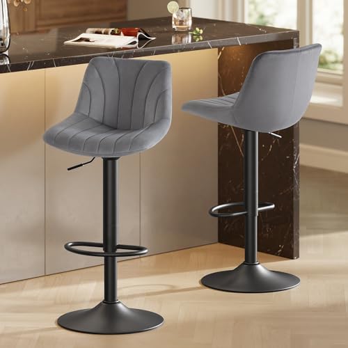 VASAGLE Tabourets de Bar, avec Dossier, Chaises de Bar Hauteur Réglable, Rotation à 360°, Repose-Pied en Métal, pour Salle à Manger, Cuisine, Velours, Lot...
