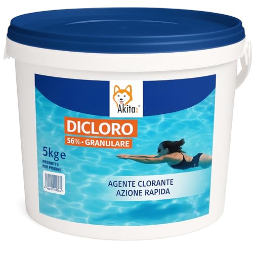 Akitaink Dicloro Granulare 5kg per Piscina | Cloro Stabilizzato Multiazione: Disinfettante, Alghicida, Flocculante per piscine - Made in Italy