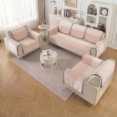 Image of Story@Home Velvet Sofa Cover 5 Seater Fully Covered | Sofa Cover 3 1 1 Seater Full Set - Sofa Mat with Sofa Back Covers and ArmRest Covers | Specially Designed for 3+1+1 Configuration - Cotton Candy