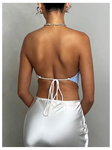 MakeMeChic Women's Crochet Striped Halter Tops Open Back Sleeveless Knit Sweater3