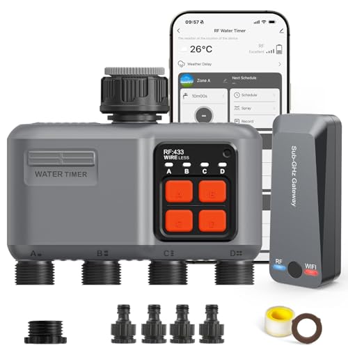 johgee Timer Irrigazione WiFi 4 Vie con Tecnologia RF 300M, Centralina Irrigazione WiFi, Compatibile con Alexa & App, Temporizzatore Irrigazione con 2 modalità & Ritardo Pioggia per Giardino, Prato