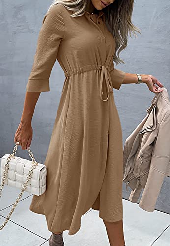 Image of Febriajuce Women's 3 /4 Sleeve Midi Dress Casual Drawstring Belted Round Neck Plain Tie Waist Loose High Waist Long Dress