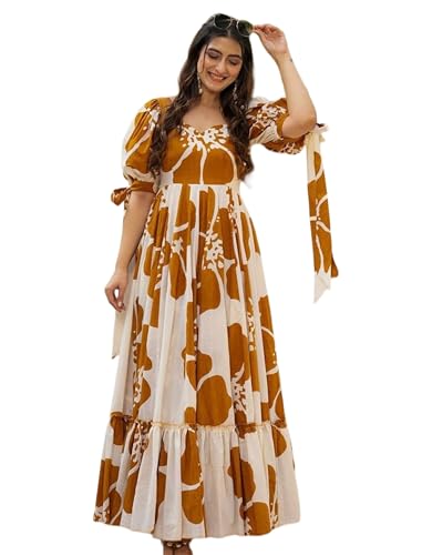 Image of Modestouze Attires Women's Floral Pattern Rayon Blend Maxi Dress with Sweetheart Neck Half Puff Sleeve Floor Length and Zipper Closure Type | Maxi Dress for Women Stylish | Dress for Women