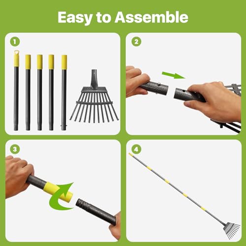 Rake for Leaves, Small Leaf Rake for Garden, 70-inch Adjustable Metal Rakes-Tool with 11 Steel Tines for Gardening, Yard, Shrub, Flower Beds, Lawns