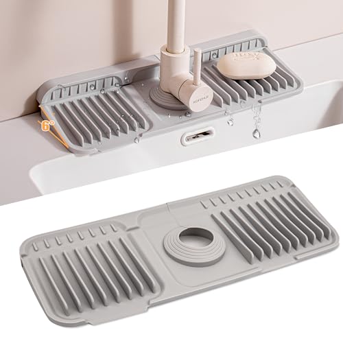Volminex 6° Slope Kitchen Sink Splash Guard Mat, Silicone Faucet Mat Foldable, Faucet Handle Drip Catcher Tray, Draining Pad Around Tap for Kitchen Bathroom (Grey, 37 x 14 cm)