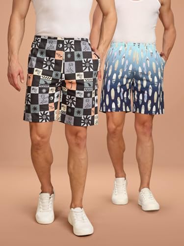 Image of BULLMER Regular Fit Cotton Blend Summer Shorts for Men - Pack of 2 | Printed Shorts for Men Blue /Beige