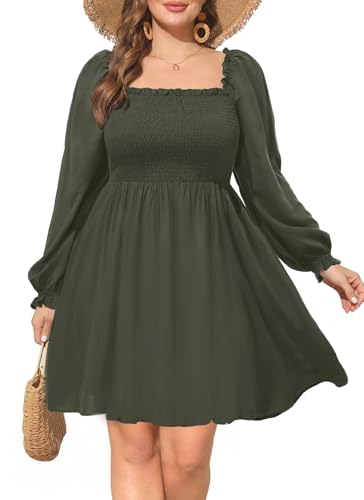 Holipick Women's Casual Square Neck Smocked Dress Shirred Ruffle Puff Sleeve High Waist Cute Flowy A-Line Short Dress4