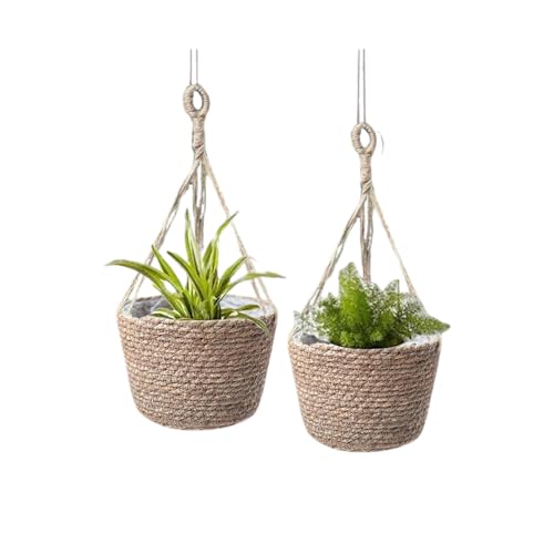 Laquedecraft Woven Seagrass Plant Basket with Hangers | Decorative Planter for Small-Space Living or Natural Home Styling | Perfect for Living Room, Balcony, Patio, Kitchen or Gadren (Set of 2)