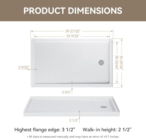 HOROW 60" x 36" Shower Base, Right Drain Shower Pan, Low Profile Acrylic Base with Reinforced Fiberglass, Non-Slip Surface, Stainless Steel Drain Cover, Leak-Resistant for Bathroom - 1