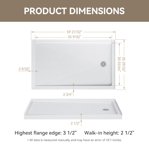 HOROW 60" x 36" Shower Base, Right Drain Shower Pan, Low Profile Acrylic Base with Reinforced Fiberglass, Non-Slip Surface, Stainless Steel Drain Cover, Leak-Resistant for Bathroom